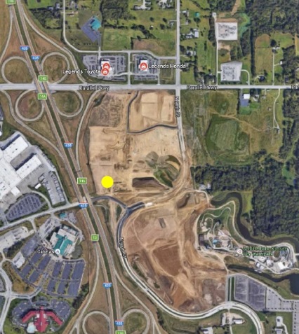 A map showed the location of a new Frontier Justice Retail Center , at 1700 N. 100th Terrace, near I-435.  A yellow dot showed the location of the new development. (UG documents)