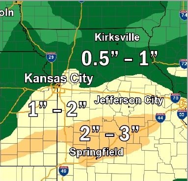 The Kansas City area may receive 1 to 2 inches of rain through Saturday morning. (National Weather Service graphic)