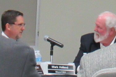 Mayor Mark Holland, left, and BPU  Board President Tom Groneman at the 4:30 p.m. joint meeting Thursday at City Hall. (Staff photo)