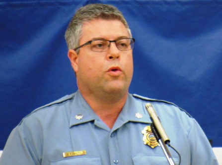 Deputy Police Chief Rodney Smith of the Kansas City, Kan., Police Department spoke tonight at the community forum on reducing violence. The meeting was at Schlagle High School. (Staff photo by Mary Rupert)