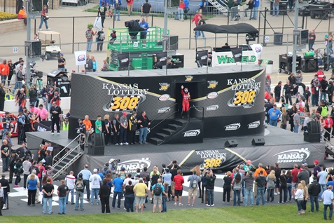 Jennifer Jo Cobb, a driver from Kansas City, Kan., during driver introductions at the start of the race. (Fan photo)