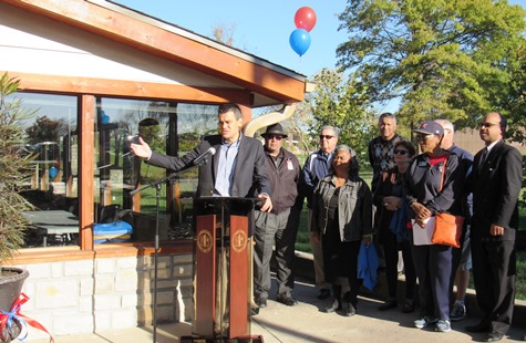 U.S. Rep. Kevin Yoder, R-3rd Dist., spoke at the dedication of the Flunder Lodge by the Lake. “Her legacy is in this building, it’s in the community college, and it’s in her beautiful family,” Rep. Yoder said. (Staff photo)