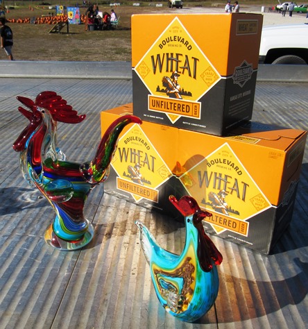 The winners of the wife-carry contest received these trophies and beer. (Staff photo)