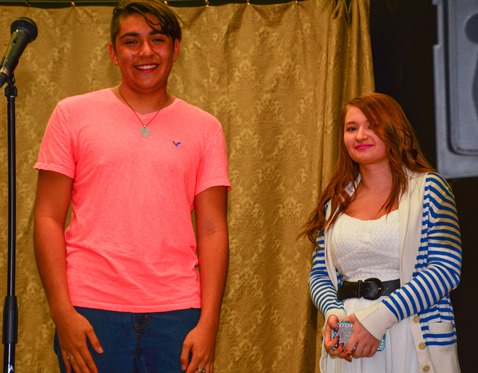 Bishop Ward students Adrian Cisneros, left, and Natalie Bragdon performed a comedic piece during the Bishop Ward Art Show. (Photo by Brian Turrel)