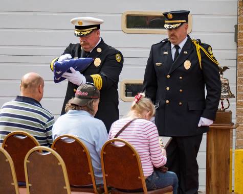 Kansas City, Kan., Fire Department Station 4, 3044 N. 81st, was dedicated Saturday to Assistant Chief Orlie Dutton, Quindaro Township Volunteer Fire Department. Chief Dutton died on Jan. 5, 1962, after suffering a heart attack while battling a fire at 2915 Sewell. He was able to drive back to the Bethel Fire Station and died there. (Photo by Dennis Roscher) 