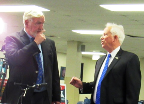 State Sen. Steve Fitzgerald, R-5th Dist., left, and Democratic challenger Bill Hutton chatted before the start of their portion of the election forum Monday night at Kansas City Kansas Community College. (Staff photo)