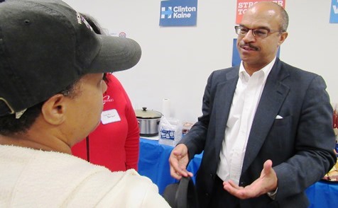 State Sen. David Haley chatted with people attending a watch party tonight, before the debate started. (Staff photo)