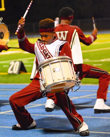 The Washington High School Marching Band's drum line performed at halftime of the football game against Harmon on Oct. 14. (Photo by Brian Turrel)