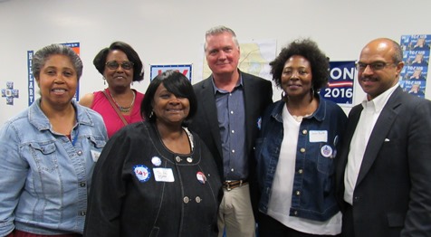 Jay Sidie, center, running for U.S. House, 3rd District, attended a Democratic debate watch party on Oct. 19 at a Democratic campaign office in Kansas City, Kan. In the photo were, left to right, Alyce Edwards, State Rep. Valdenia Winn, Jackie Betts, Sidie, Jannie Burton and State Sen. David Haley. (Staff photo)