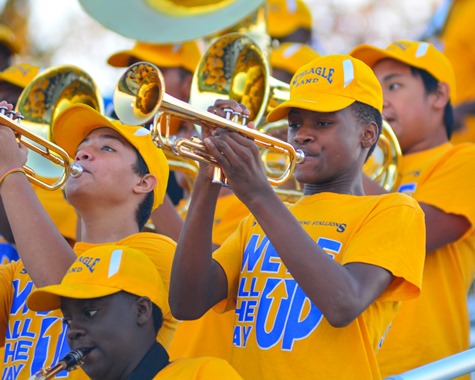 Members of the Schlagle High School Marching Band performed before the football game against Sumner. (Photo by Brian Turrel)