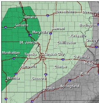 Thunderstorm outlook for Tuesday night. It's not likely that the Kansas City area will have severe storms, although rain and general thunderstorms are in the forecast. (National Weather Service graphic)