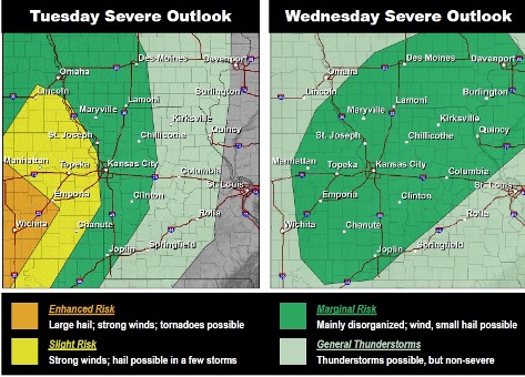 Wyandotte County is at a marginal risk for a severe thunderstorm on Tuesday night and Wednesday. (National Weather Service graphic)