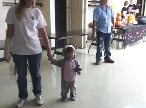 Another small visitor to the safe Halloween event Oct. 31 at Eisenhower Recreation Center, 2901 N. 72nd St., Kansas City, Kan. The event was sponsored by the Leavenworth Road Association and the Wyandotte County Parks Departmet. (Photo from LRA)