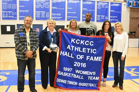 Inducted into the KCKCC Athletic Hall of Fame Nov. 11 were the 1996-1997 women’s basketball team represented by, from left, Don Malone, father of starting guard Maryam Malone; head coach Leslie Crane, Kacy Tillery, inductee Dennis Tinnon, Heather Horyna and Mellisa Washburn. (KCKCC photo by Alan Hoskins)