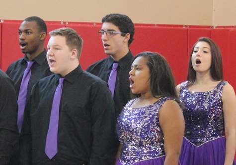 The Piper High School Music in Motion group performed the national anthem and other music at the Wyandotte County Veterans Day Commemoration Saturday, Nov. 5, at the Salvation Army Harbor Light Village, 6723 State Ave., Kansas City, Kan. (Photo by Steve Rupert)