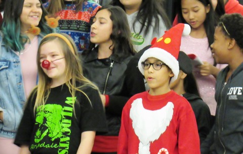 Students from Rosedale Middle School performed holiday music at the lighting ceremony Friday night at Kansas City, Kan., City Hall. (Staff photo by Mary Rupert)