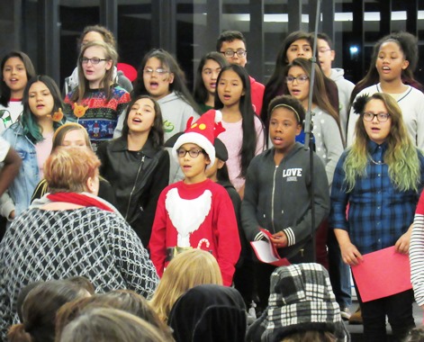 Students from Rosedale Middle School performed holiday music at the lighting ceremony Friday night at Kansas City, Kan., City Hall. (Staff photo by Mary Rupert)