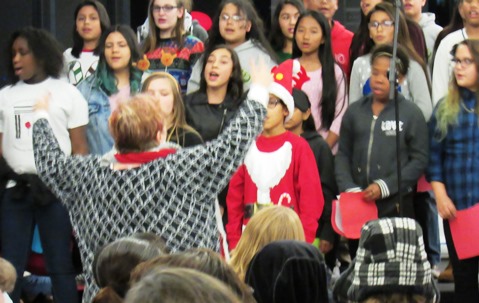 Students from Rosedale Middle School performed holiday music at the lighting ceremony Friday night at Kansas City, Kan., City Hall. (Staff photo by Mary Rupert)