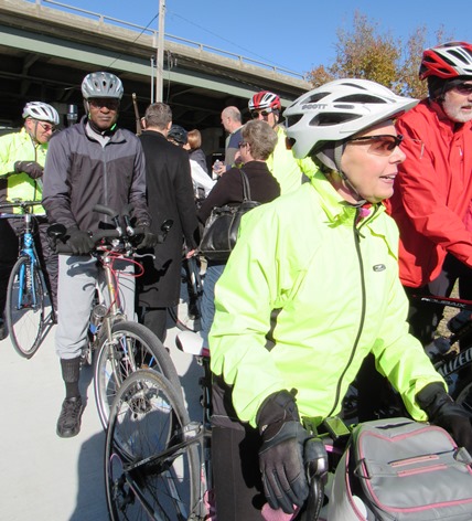 Bike riders attended the ribbon-cutting ceremony today for the Kaw Point Park Connector Trail in Kansas City, Kan. (Staff photo by Mary Rupert)