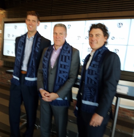 Mike Illig, left, part owner of Sporting Club, manager Peter Vermes, and Sporting Club President Jake Reid. (Photo by William Crum) 