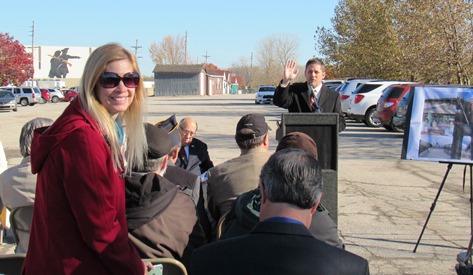 Mayor Mark Holland acknowledged the work of Shari Wilson, standing, on Kaw Point Park. (Staff photo by Mary Rupert)