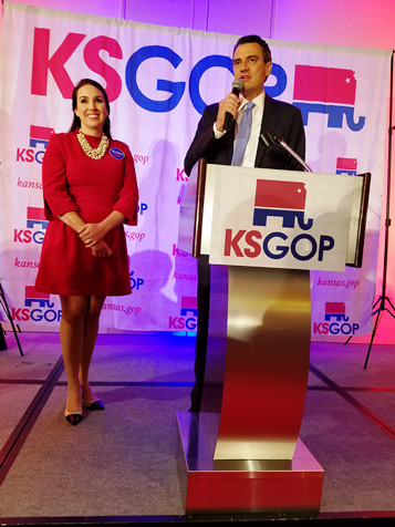 U.S. Rep. Kevin Yoder, R-3rd Dist., said, “As of now, I don’t know if we won. I wanted to thank all those Yoder voters. One thing I do know is we have a Republican Senate and Congress.” He made the statement at the Kansas Republican watch party held at the Overland Park Marriott. Johnson County had reported just 129 out of 630 precincts in this contest by 1 a.m. Wednesday. (Photo by William Crum)