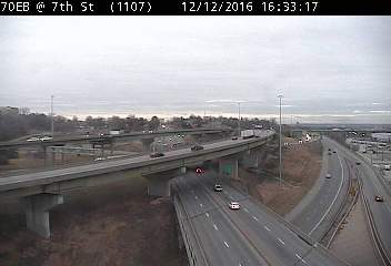 I-70 at 7th Street. One lane on I-70 west at 7th Street was closed today and will reopen on Tuesday afternoon. (KC Scout photo)