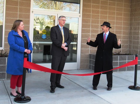 Speaking at the Cross-Lines ribbon-cutting ceremony today were, left to right, Susila Jones, executive director; Bard Culver, chair of the capital campaign; and Mayor Mark Holland. (Staff photo by Mary Rupert)