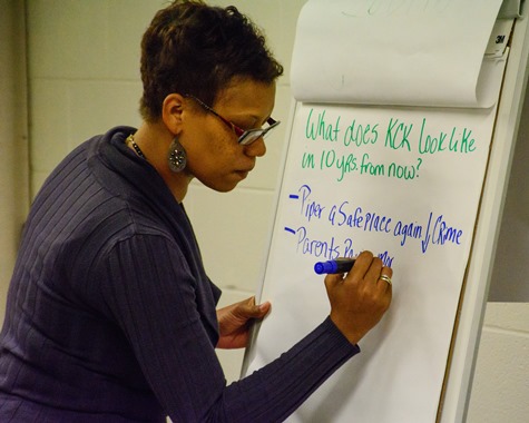 Small group discussion participants brainstormed ideas Dec. 13 about how Kansas City, Kan., would be safer and healthier in 10 years at the Mayor’s Clergy Roundtable community dialogue on reducing violence. The event was at the Diane Kane Community Center in the Piper area of Kansas City, Kan. (Photo by Brian Turrel)