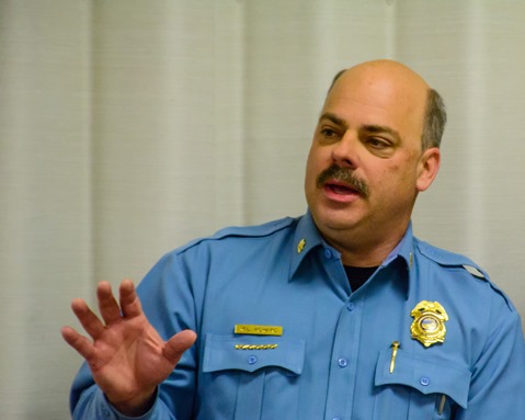 Major Bill Howard Jr. of the Kansas City, Kan., police department participated in a small group discussion.  Howard expressed the concern he feels about crime both as a resident and a police officer. (Photo by Brian Turrel)