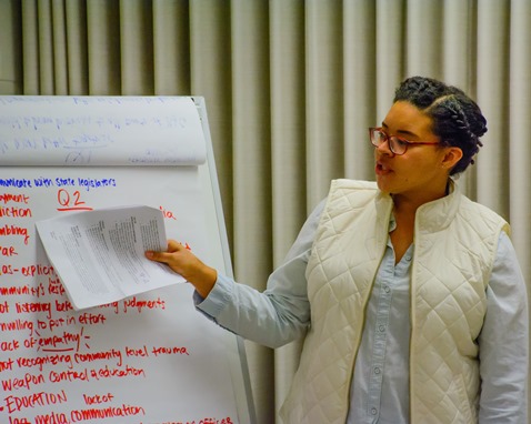 Group discussion facilitator Alyssa Carodine summarized the results of the brainstorming session for the group. (Photo by Brian Turrel)