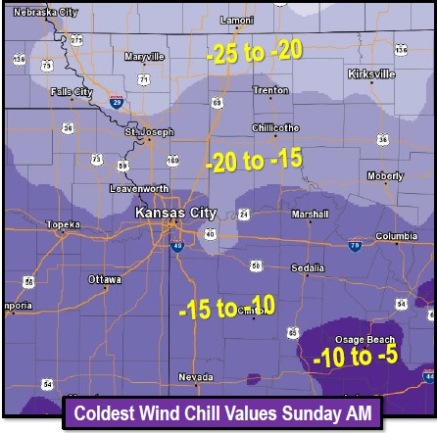 Coldest wind chill values Sunday morning. (National Weather Service graphic)